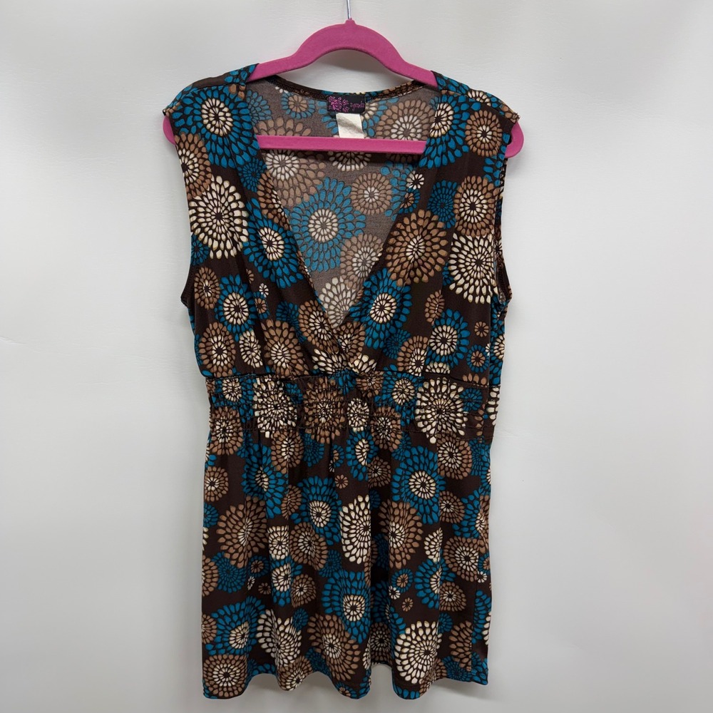 Agenda Floral Brown Blue V Neck Smocked Waist Tunic Y2K Babydoll Top‎ Medium